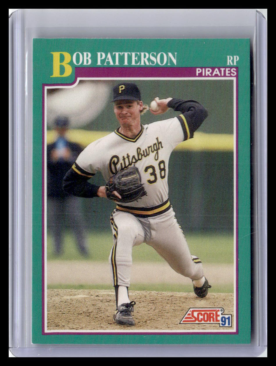Baseball trading card of Bob Patterson in a Pittsburgh Pirates uniform, framed by a green border.