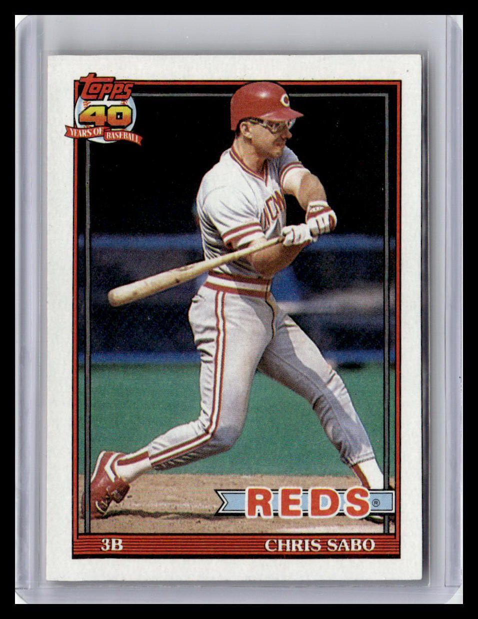 Baseball trading card of Chris Sabo with Cincinnati Reds uniform, Topps logo, and number 3B.