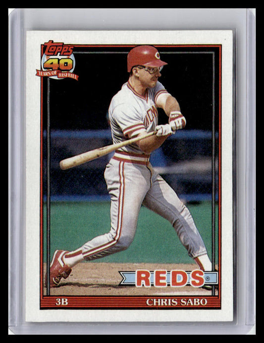 Baseball trading card of Chris Sabo with Cincinnati Reds uniform, Topps logo, and number 3B.