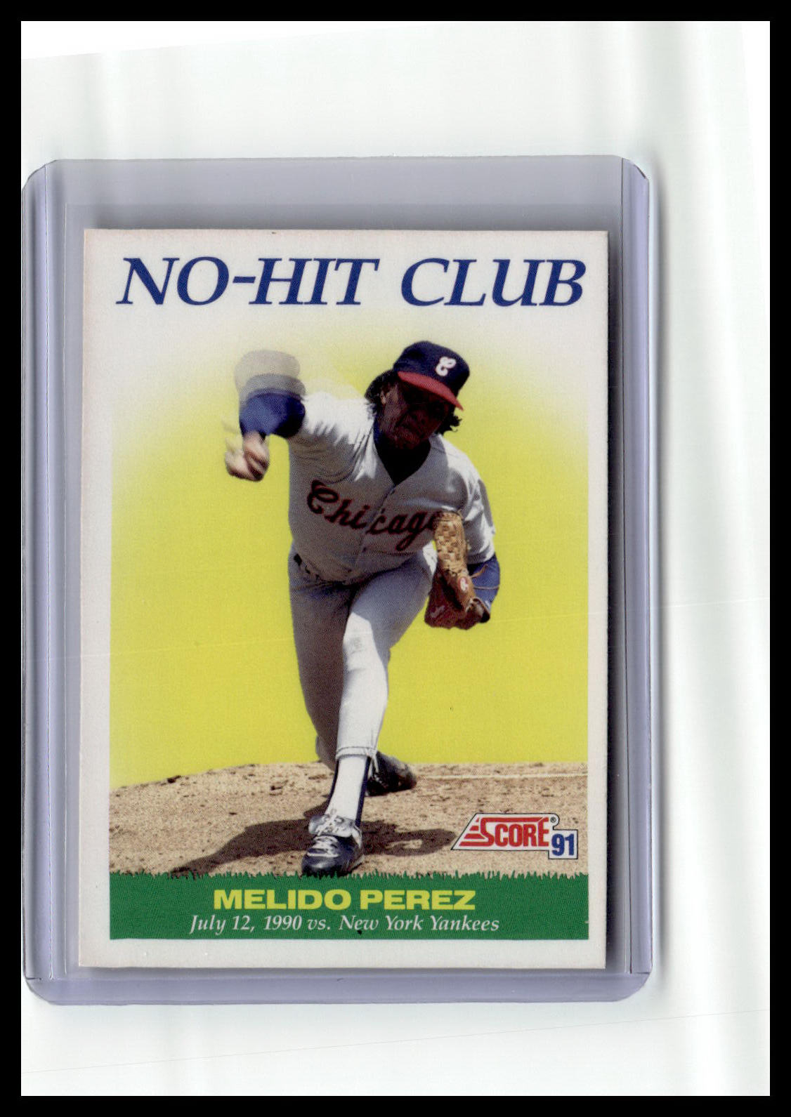 Baseball trading card featuring Melido Perez with 'No-Hit Club' text