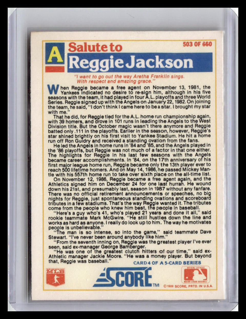 1988 Score A Salute to Reggie Jackson 1982-86 #503
