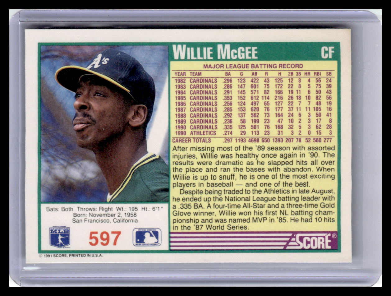 1991 Score Willie McGee Teal Border #597