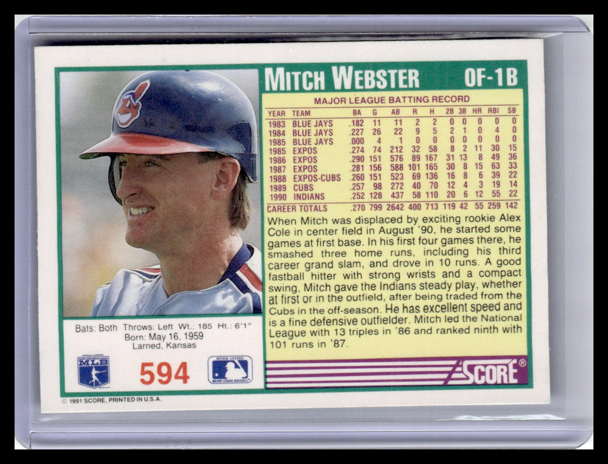 1991 Score Mitch Webster Teal Border #594