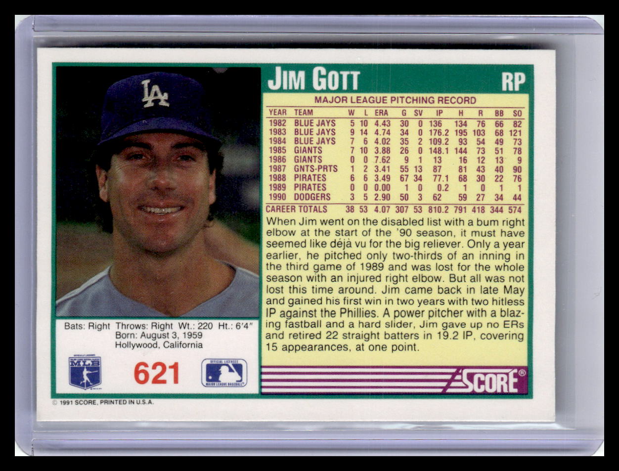 1991 Score Jim Gott Teal Border #621