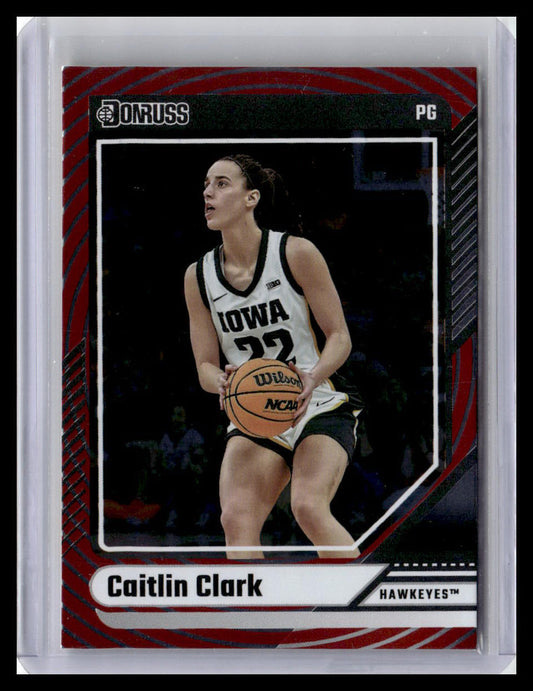 Basketball trading card of Caitlin Clark holding a basketball, with Iowa Hawkeyes branding.
