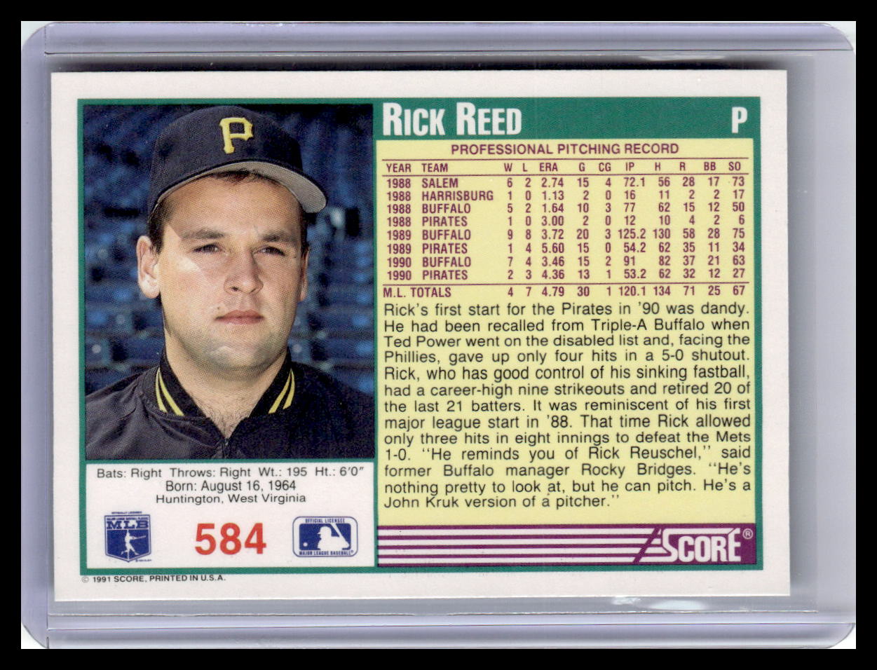 1991 Score Rick Reed Teal Border #584