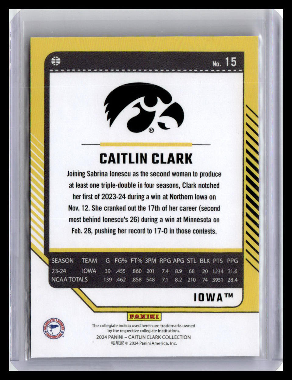 Trading card of Caitlin Clark with Iowa Hawkeyes logo