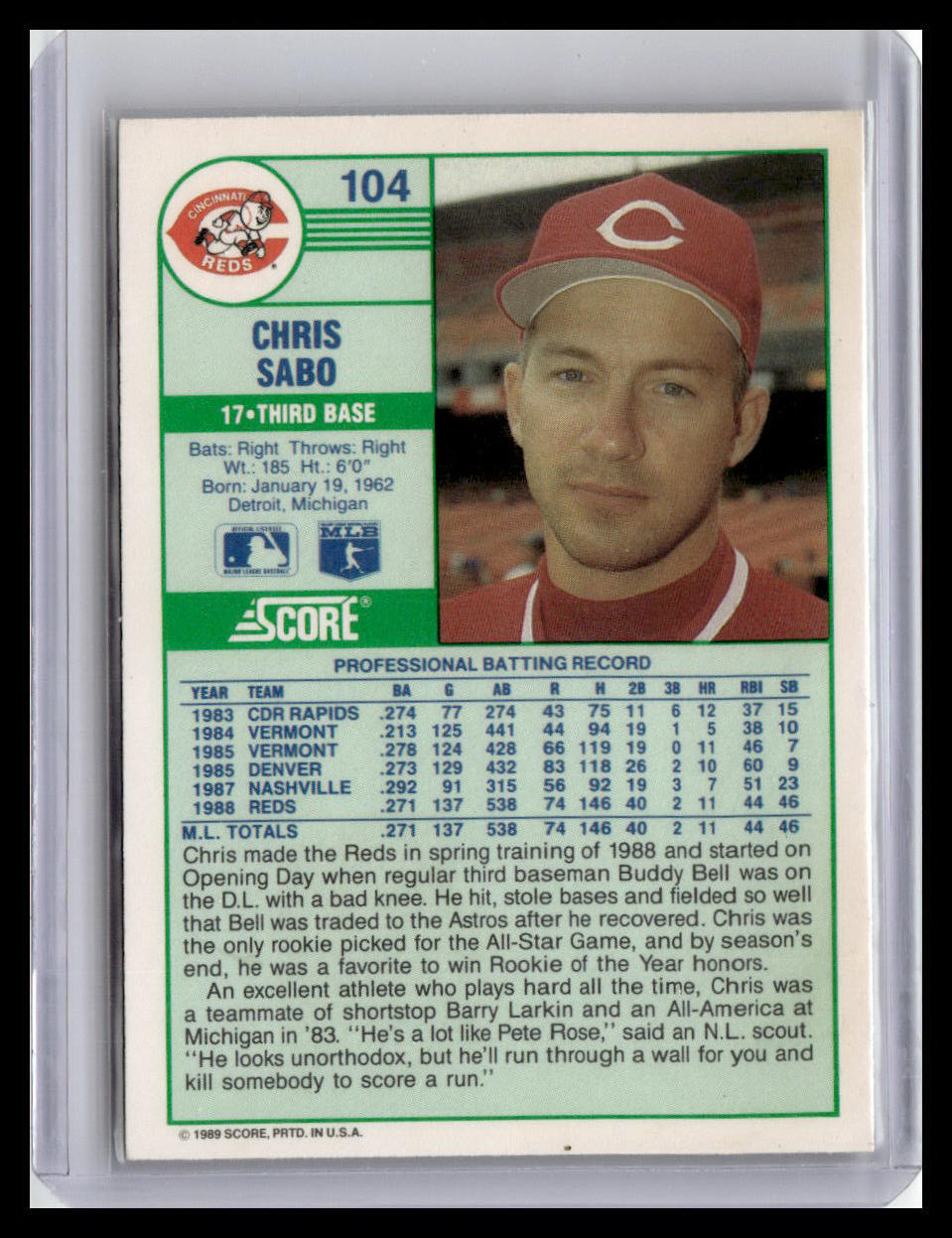 Baseball trading card of Chris Sabo with player information and statistics.