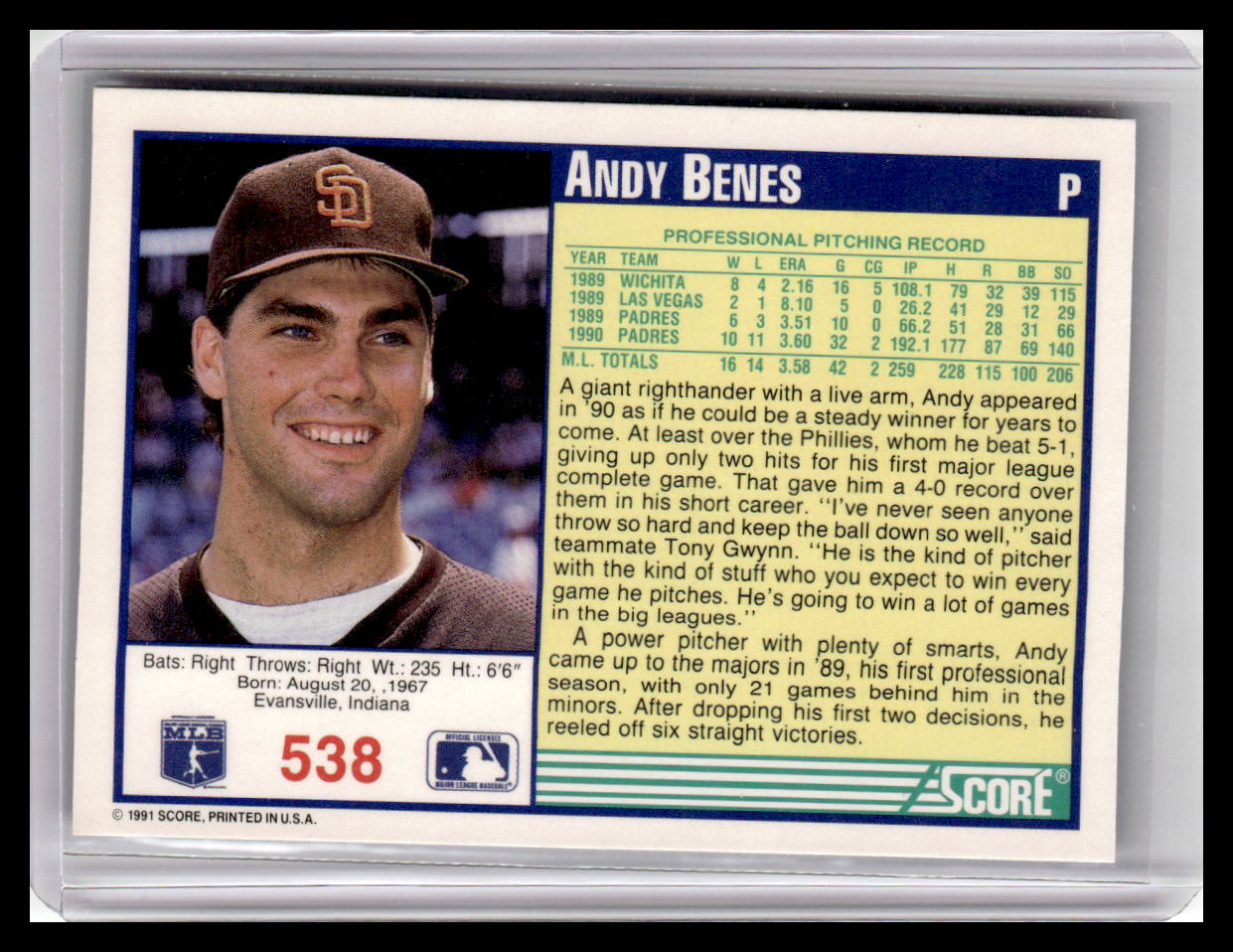 1991 Score Andy Benes Blue Border #538