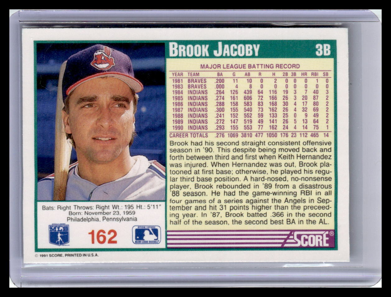 1991 Score Brook Jacoby Teal Border #162