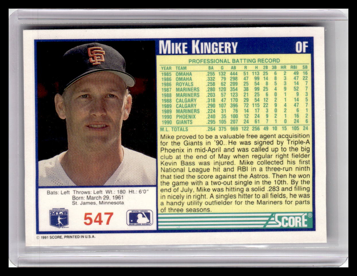 1991 Score Mike Kingery Blue Border #547