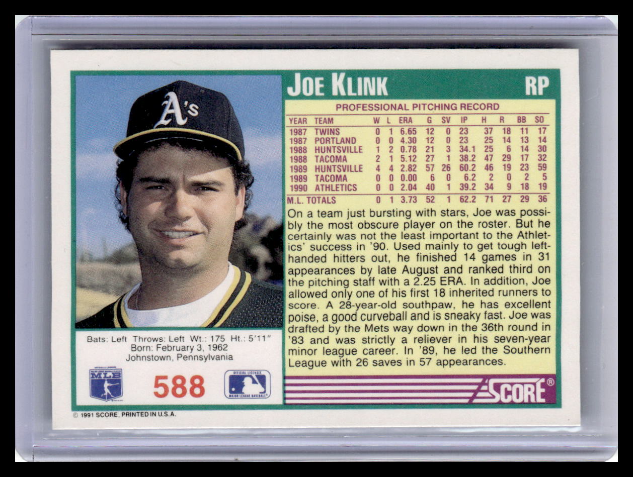 1991 Score Joe Klink Teal Border #588