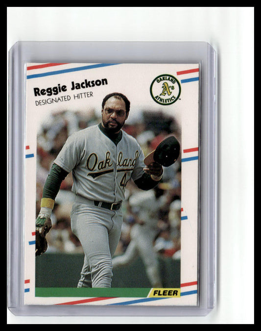 Baseball trading card of Reggie Jackson with Oakland Athletics logo