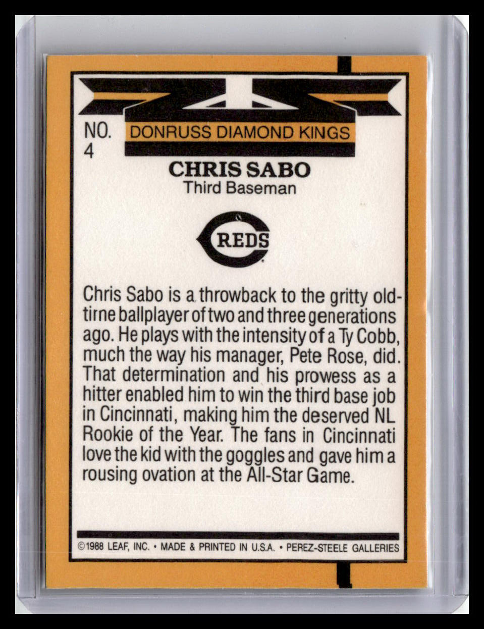 Baseball trading card featuring Chris Sabo of the Reds with text and branding elements.