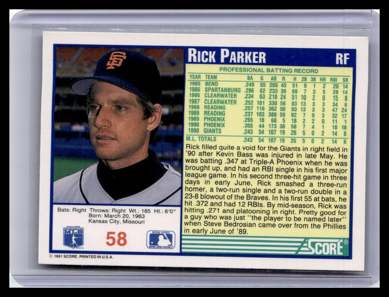 1991 Score Rick Parker Blue Border #58