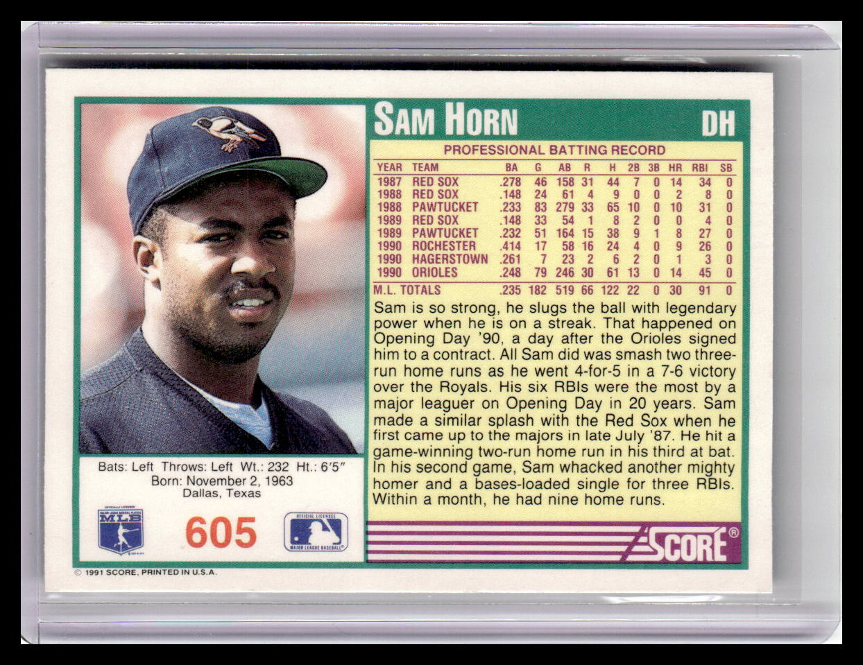 1991 Score Sam Horn Teal Border #605