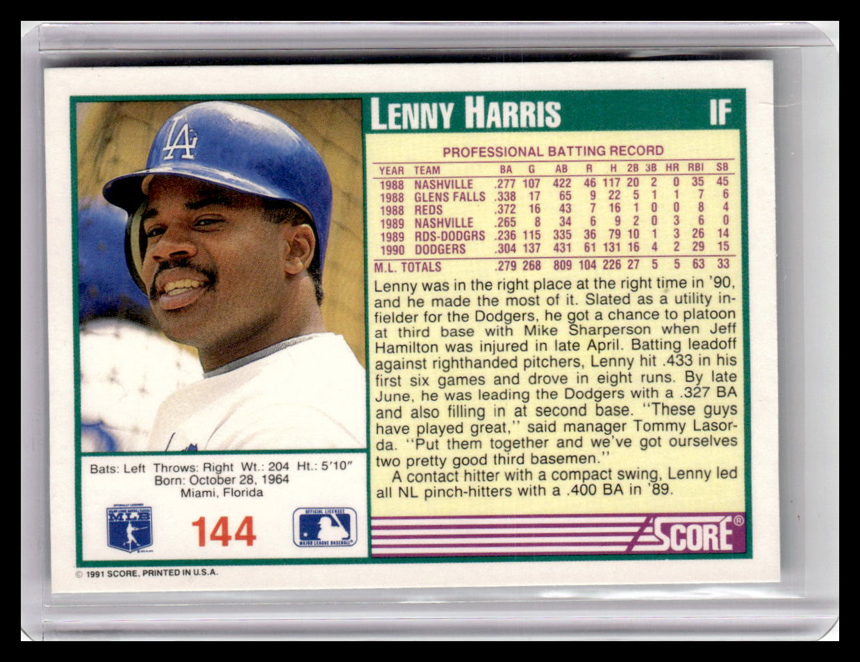 1991 Score Lenny Harris Teal Border #144