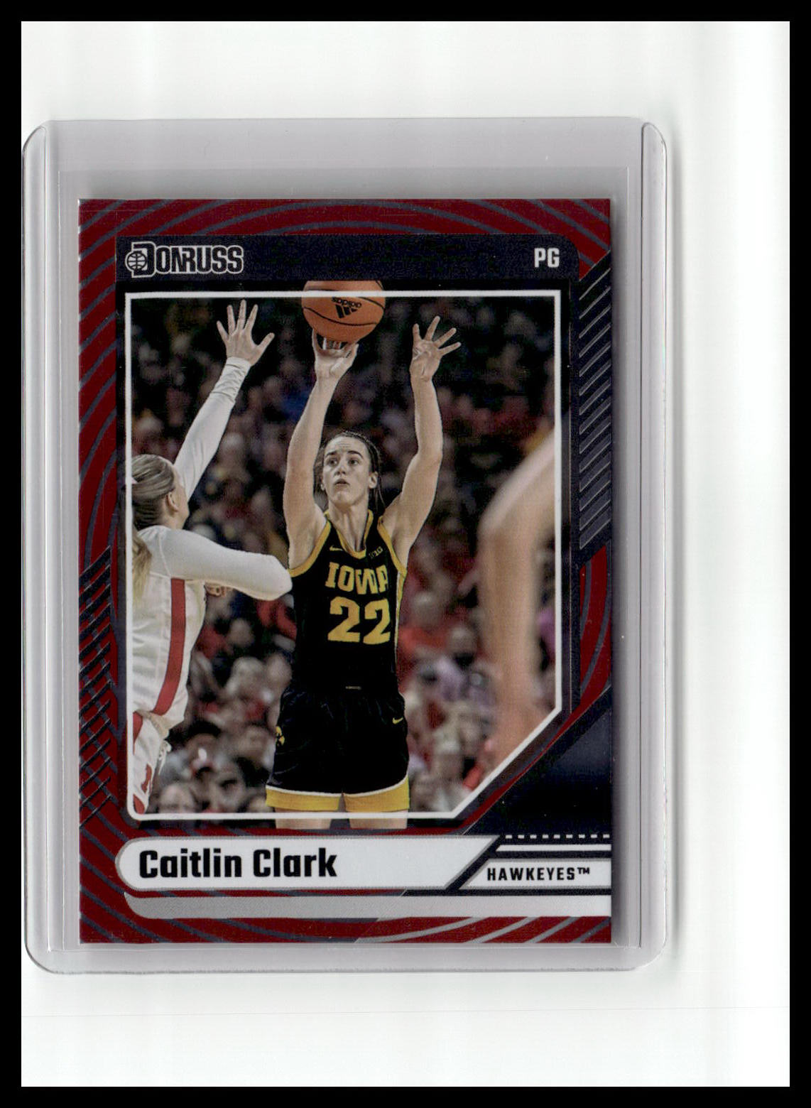Basketball trading card of Caitlin Clark with a red and black border