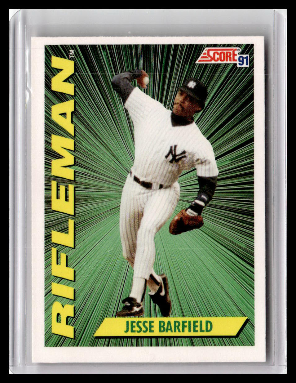 Baseball trading card of Jesse Barfield in a white uniform with green background