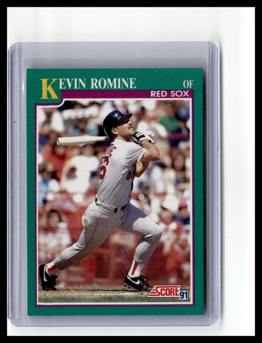 Baseball trading card of Kevin Romine from the Red Sox in a display case.