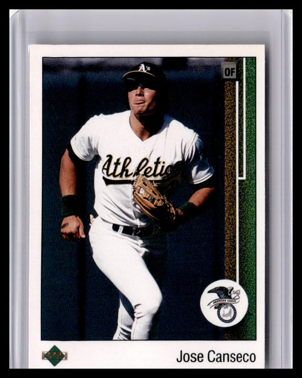 Baseball trading card of Jose Canseco in a white Oakland Athletics uniform with a black glove.