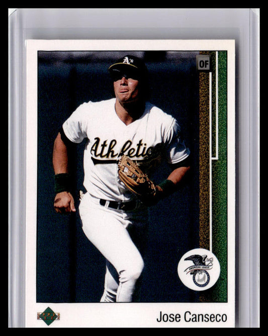 Baseball trading card of Jose Canseco in a white Oakland Athletics uniform with a black glove.