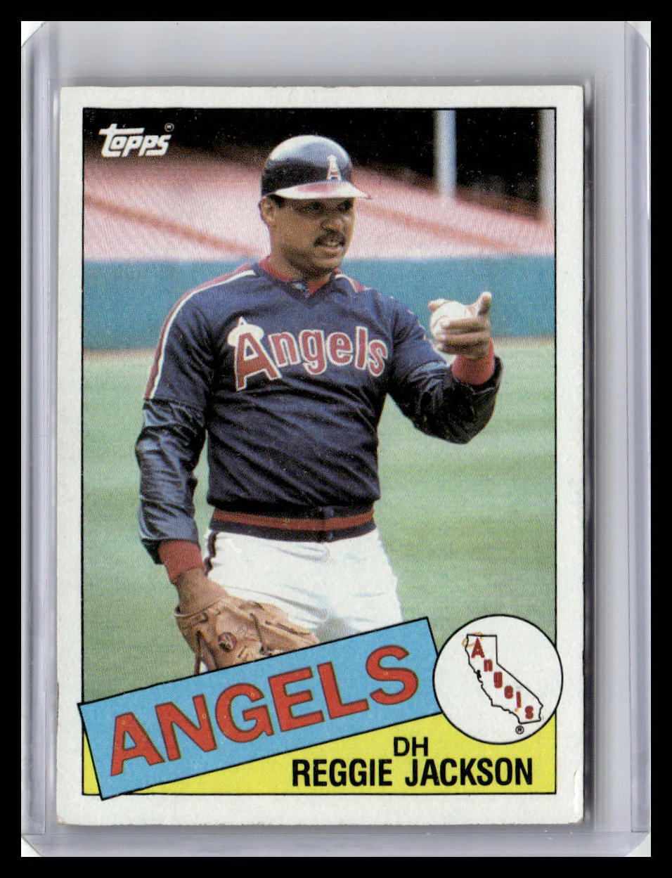 Baseball trading card of Reggie Jackson with 'Angels' and Topps branding