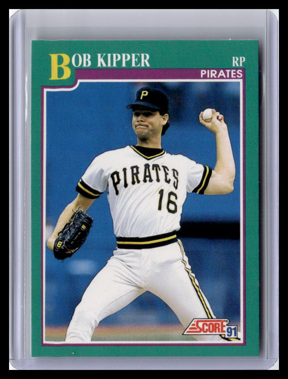 Baseball trading card of Bob Kipper in a Pittsburgh Pirates uniform, held in a protective case.