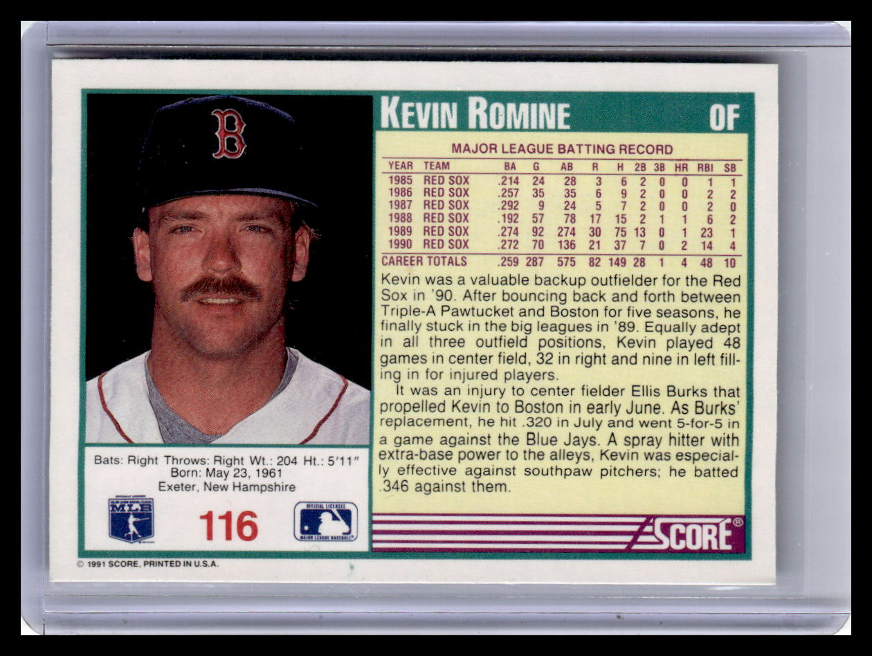 Baseball trading card of Kevin Romine with player information and statistics.