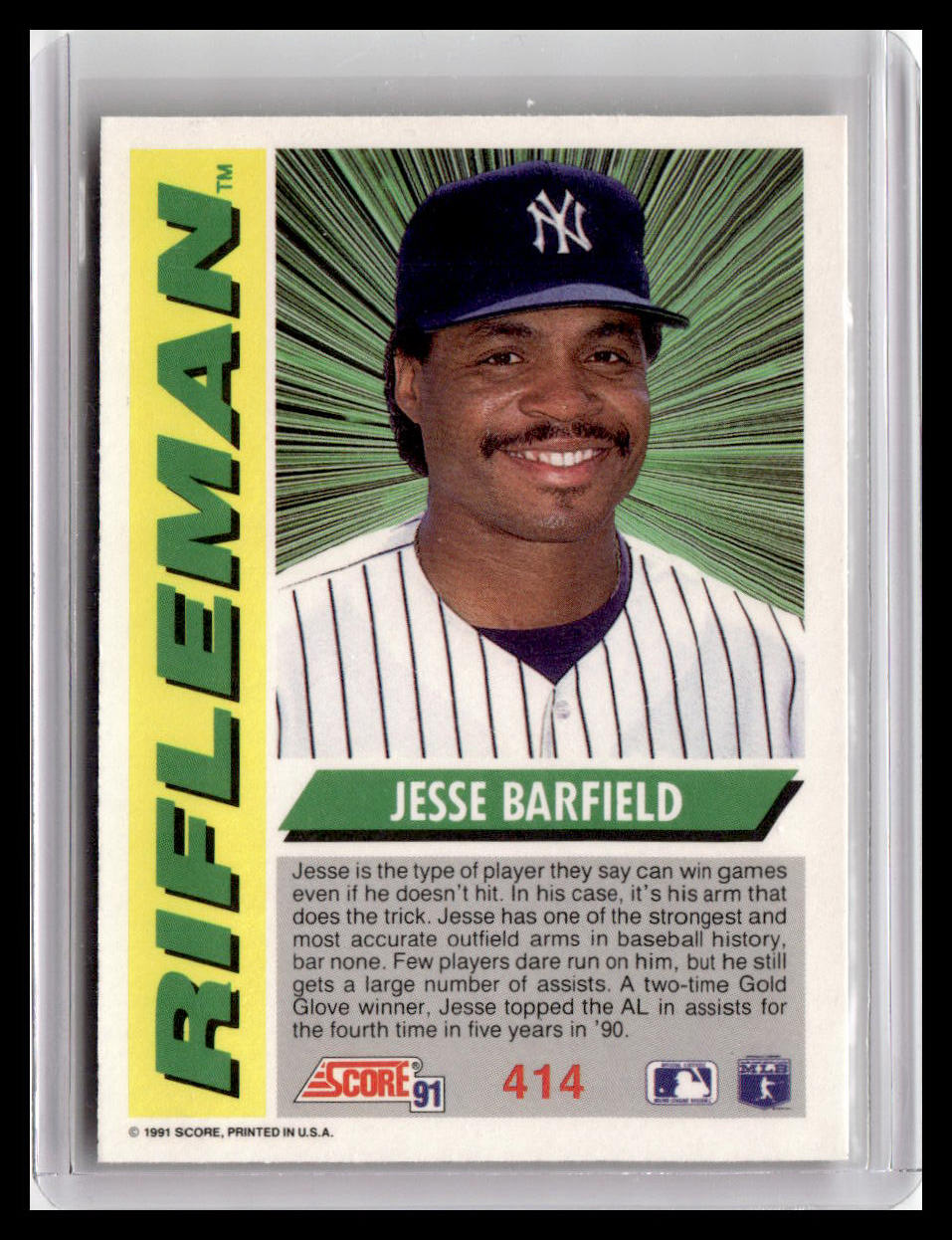 Baseball trading card of Jesse Barfield with a green and yellow border