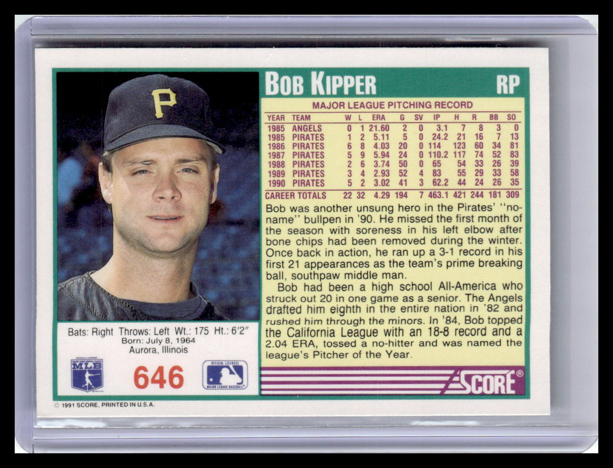 Baseball trading card of Bob Kipper with player information and statistics.