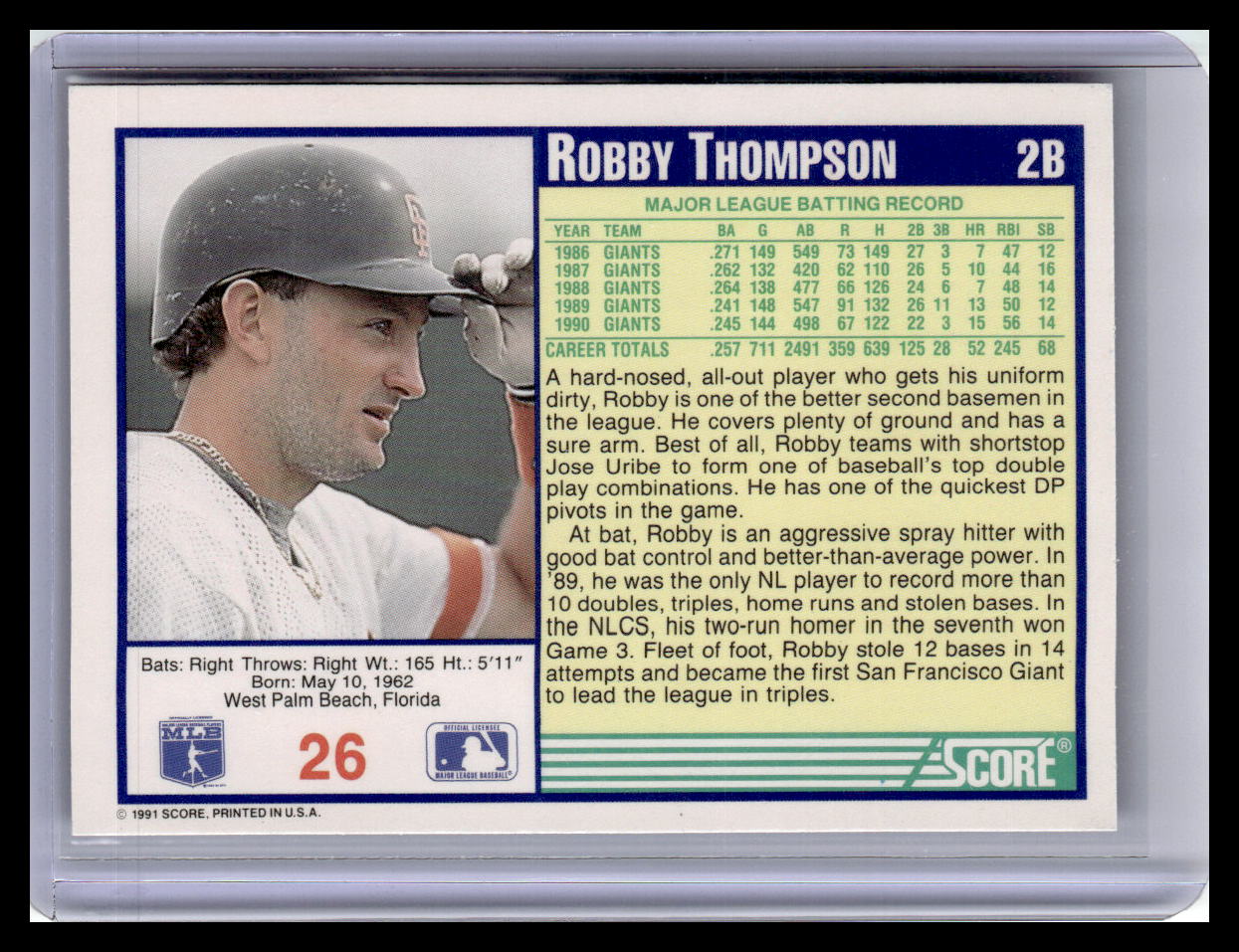 1991 Score Robby Thompson Blue Border #26