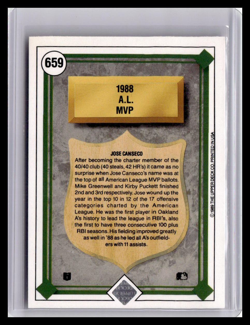 Baseball trading card featuring Jose Canseco's 1988 AL MVP award, encased in a protective frame.