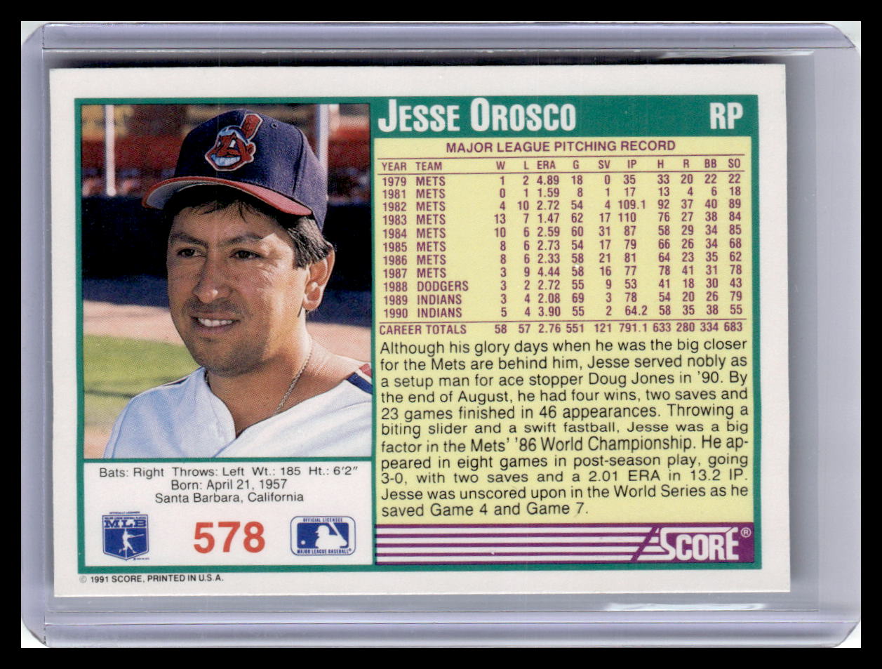1991 Score Jesse Orosco Teal Border #578
