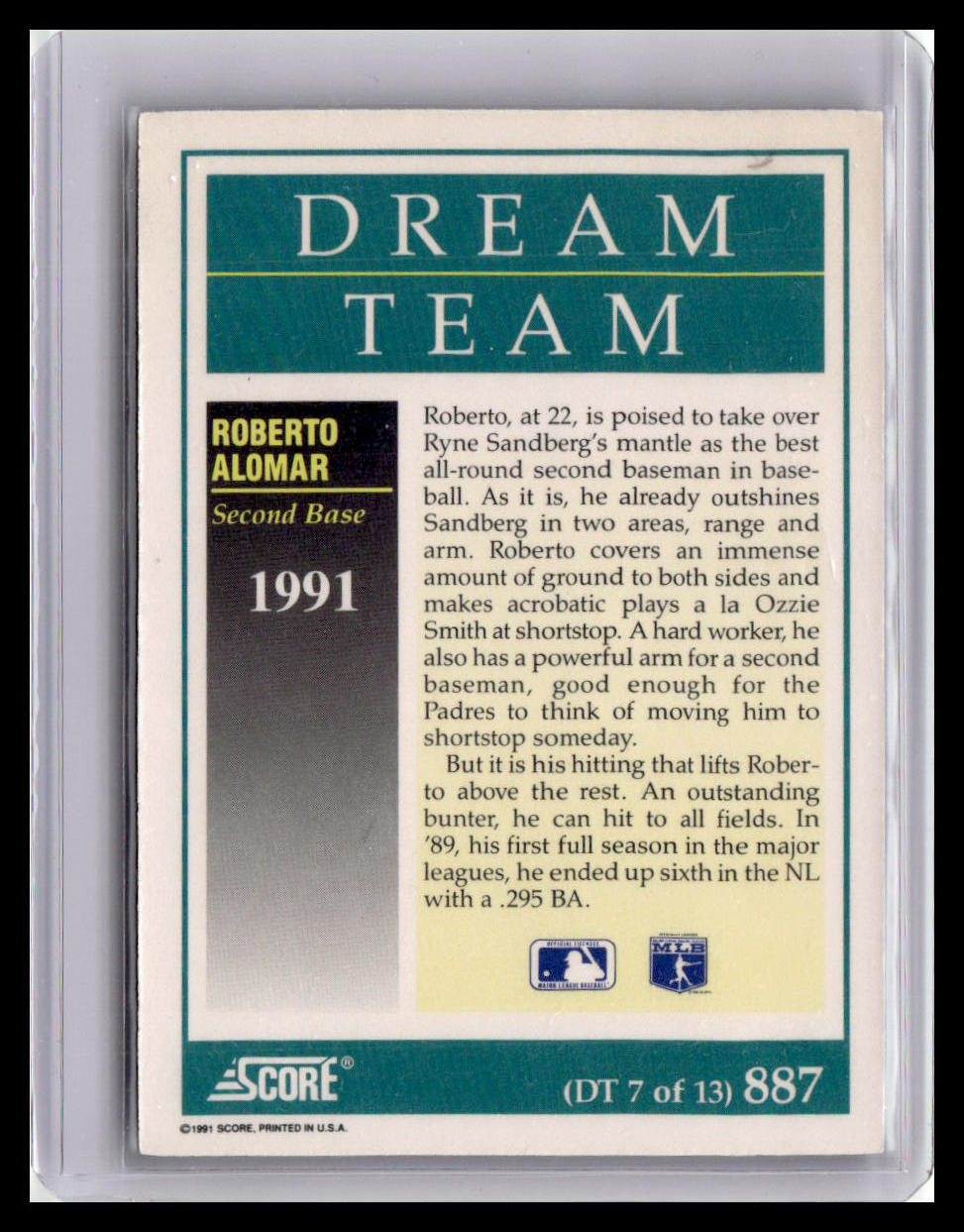 1991 Score Roberto Alomar Dream Team #887 (DT 7 of 13)