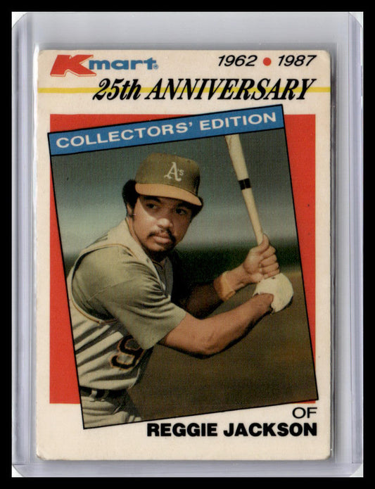 Baseball trading card featuring Reggie Jackson with Kmart branding and text about his 25th anniversary.