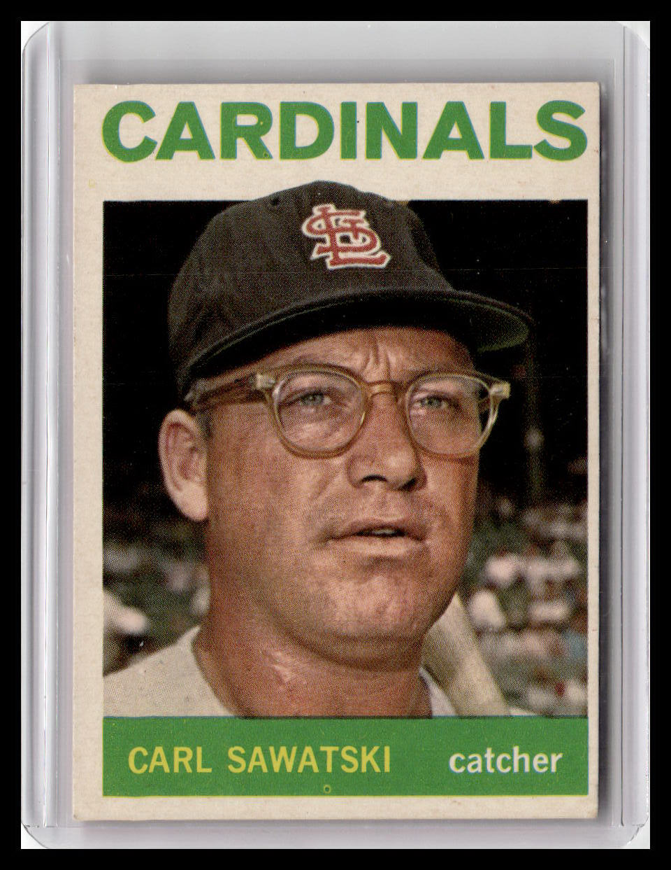 Baseball card of Carl Sawatski, a catcher for the Cardinals, with a vintage design.