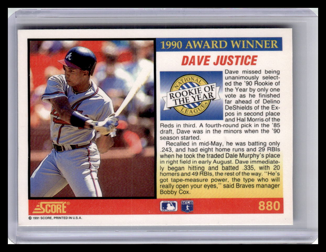 1991 Score Dave Justice ROTY #880