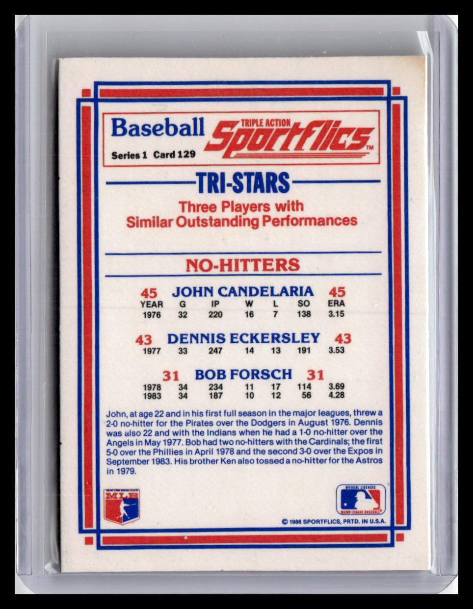 1986 Sportflics Tri-Stars John Candelaria/Dennis Eckersley/Bob Forsch #129