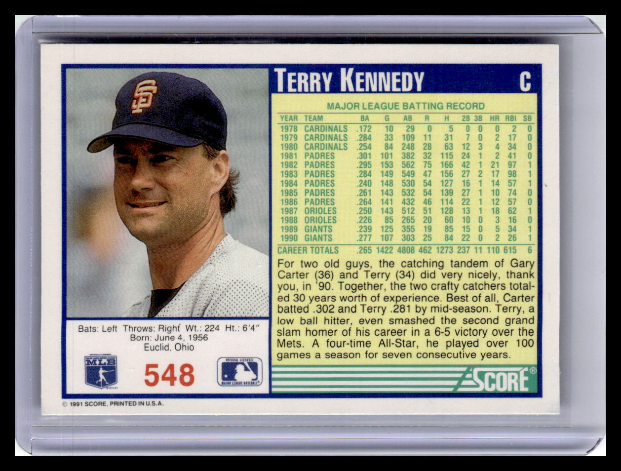 1991 Score Terry Kennedy Blue Border #548