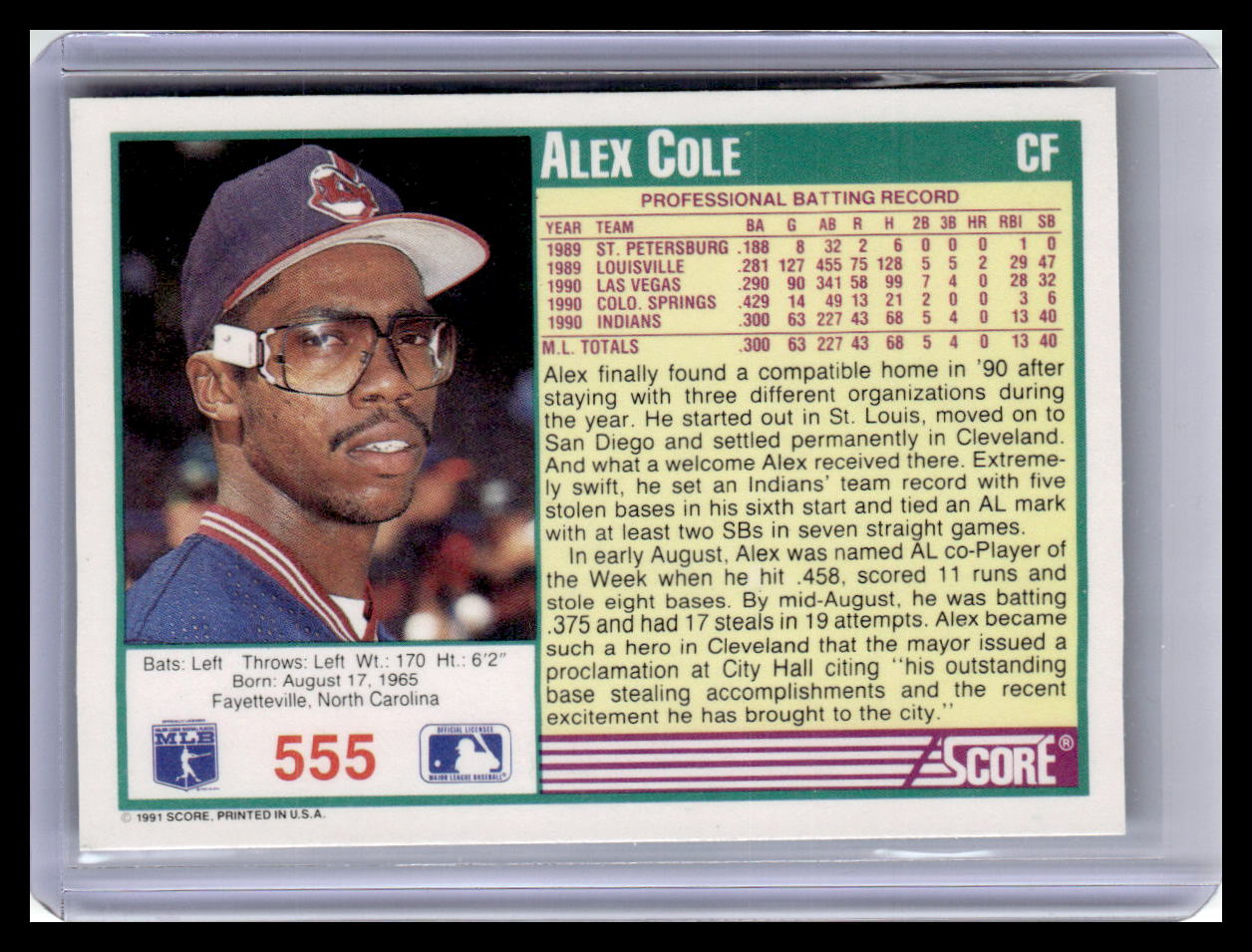 1991 Score Alex Cole Teal Border #555