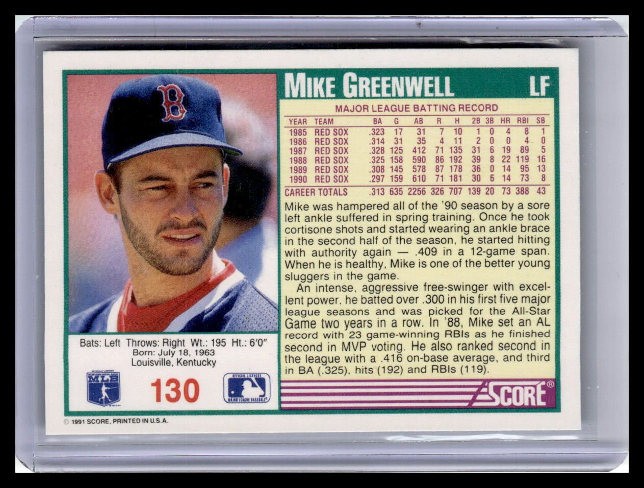 1991 Score Mike Greenwell Teal Border #130