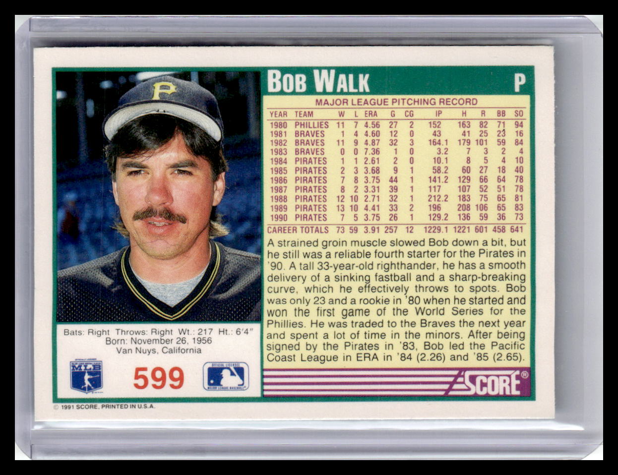 Baseball trading card of Bob Walk with player information and statistics.
