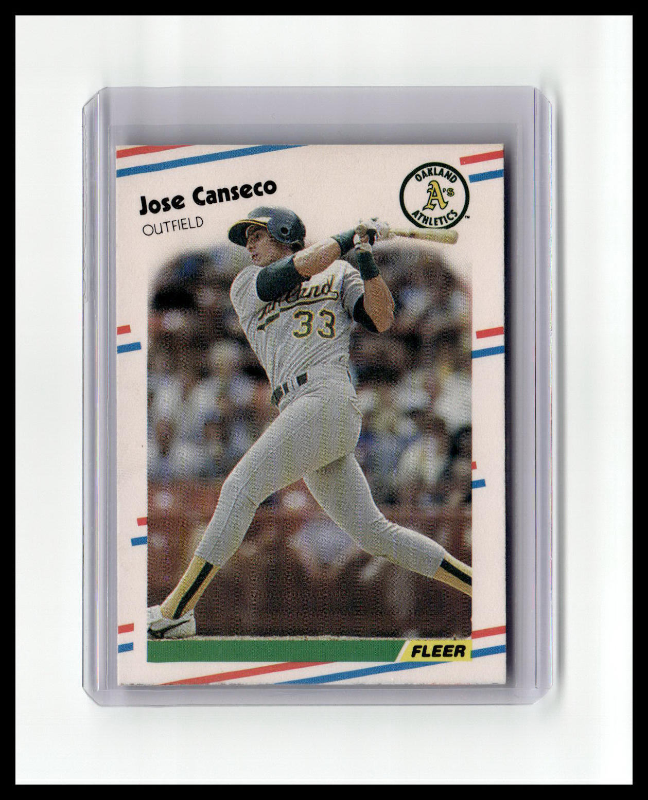 Baseball trading card of Jose Canseco with a white border and Fleer logo.