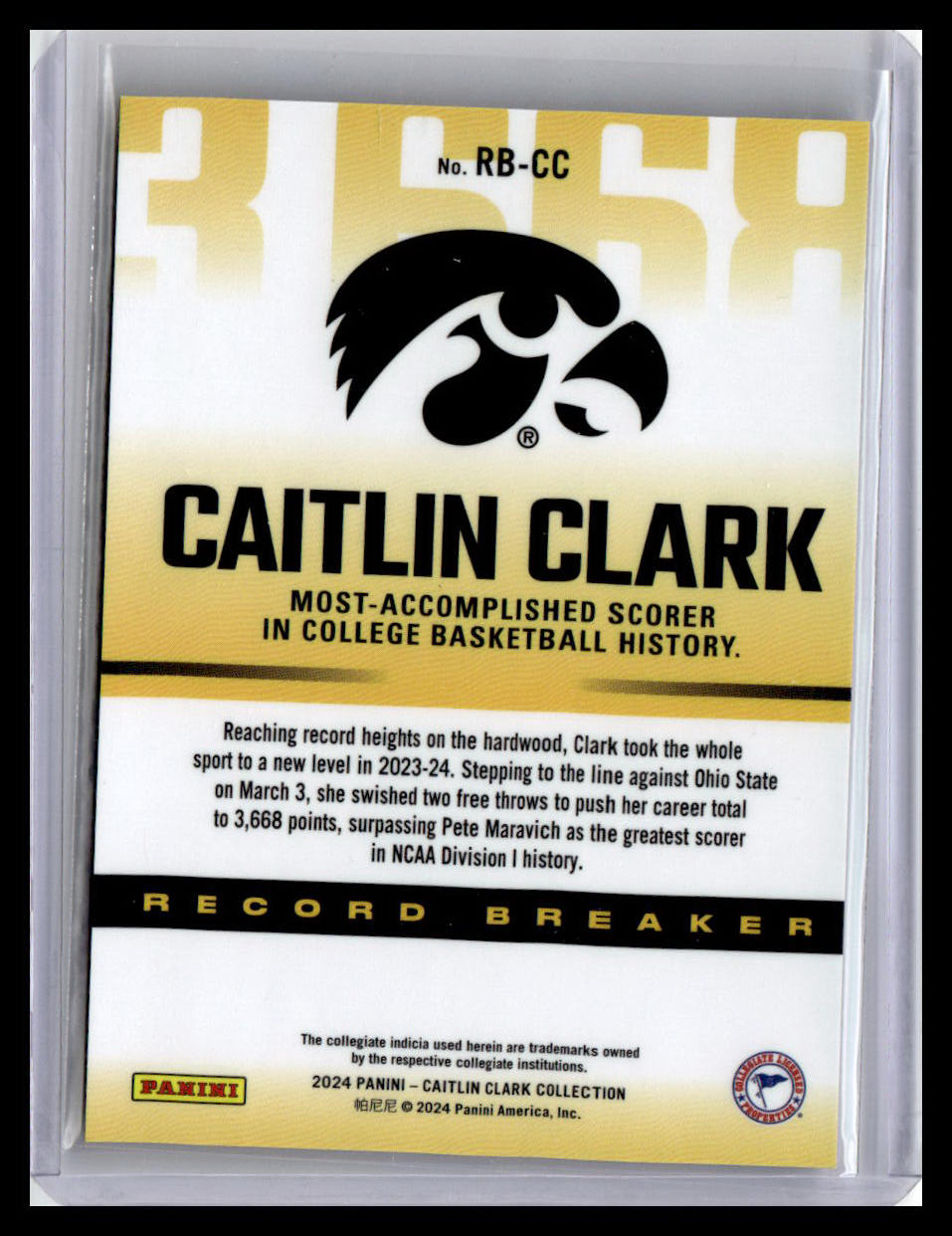 Trading card of Caitlin Clark with Iowa Hawkeyes logo and record-breaking achievement text.