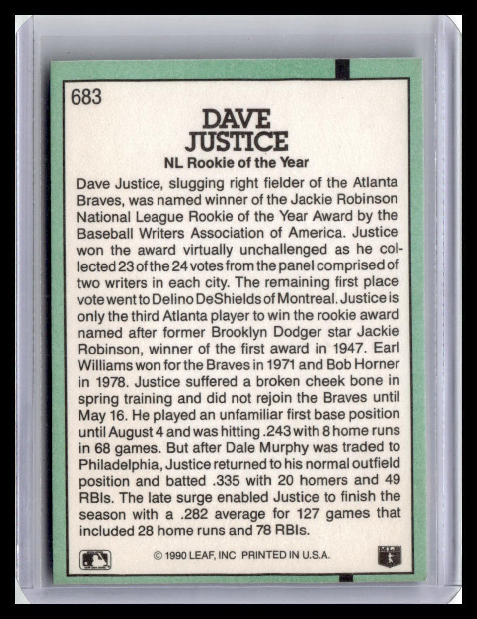 1991 Donruss Dave Justice Award Winner #683 (Error Card-No period after Inc)