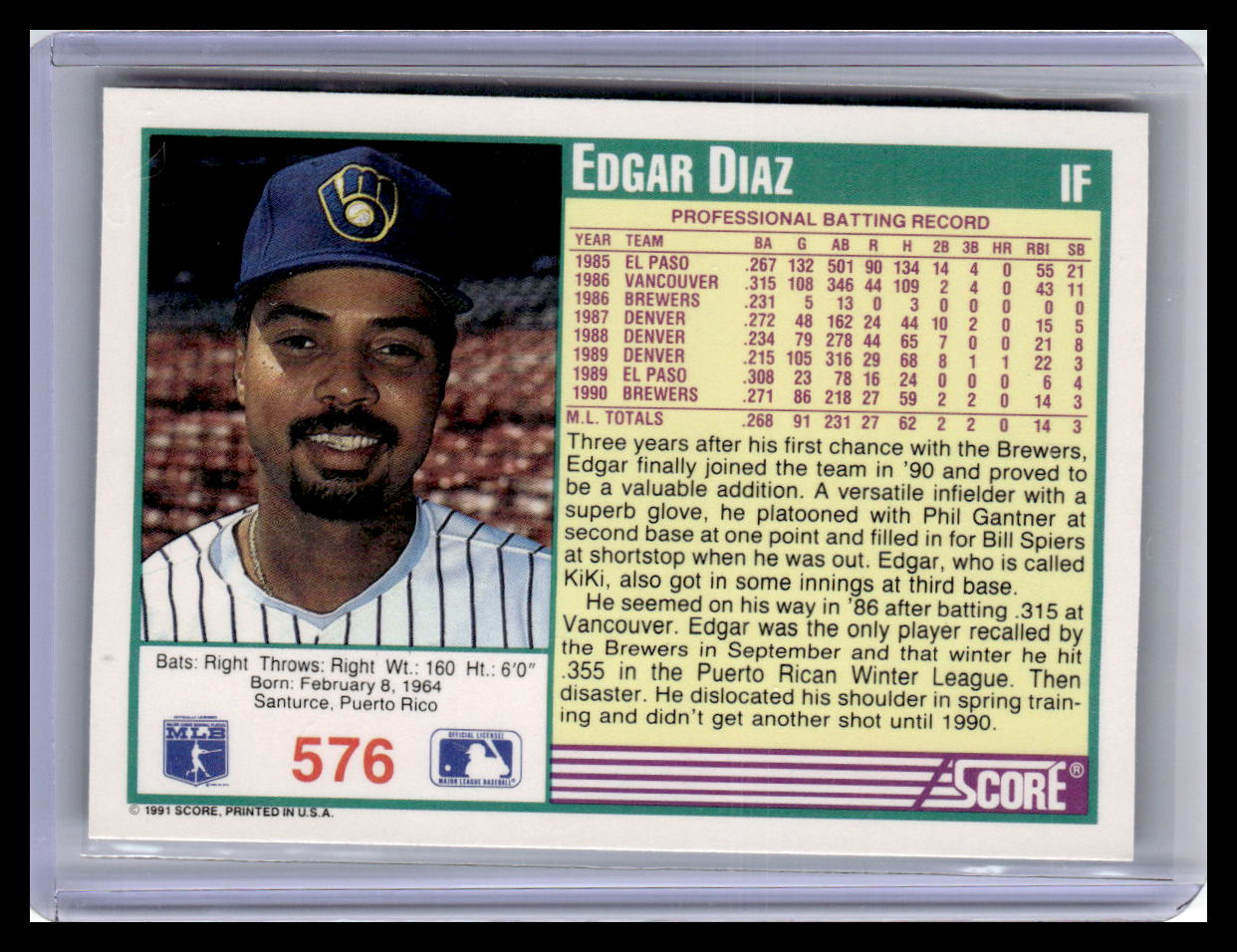 1991 Score Edgar Diaz Teal Border #576