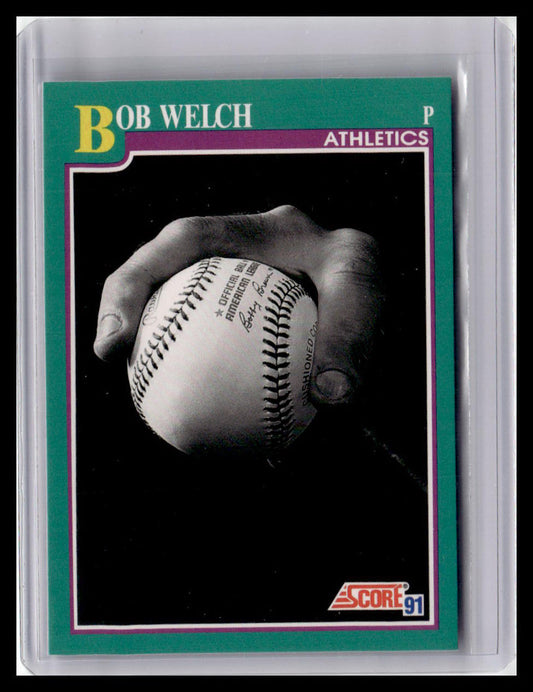 Baseball trading card of Bob Welch with a black and white photo of a hand holding a baseball.
