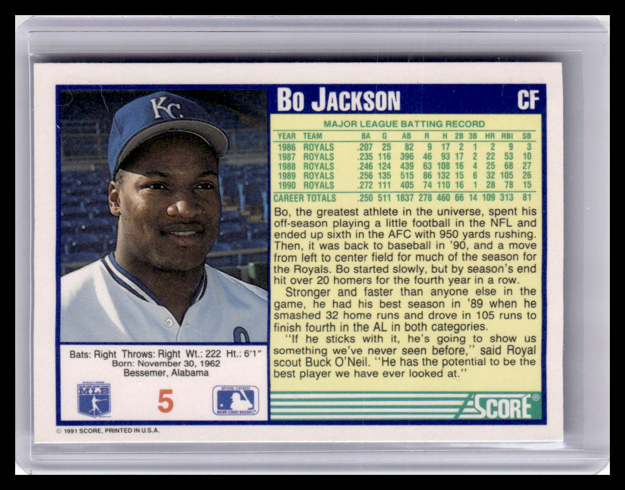 Baseball trading card of Bo Jackson with player information and statistics.