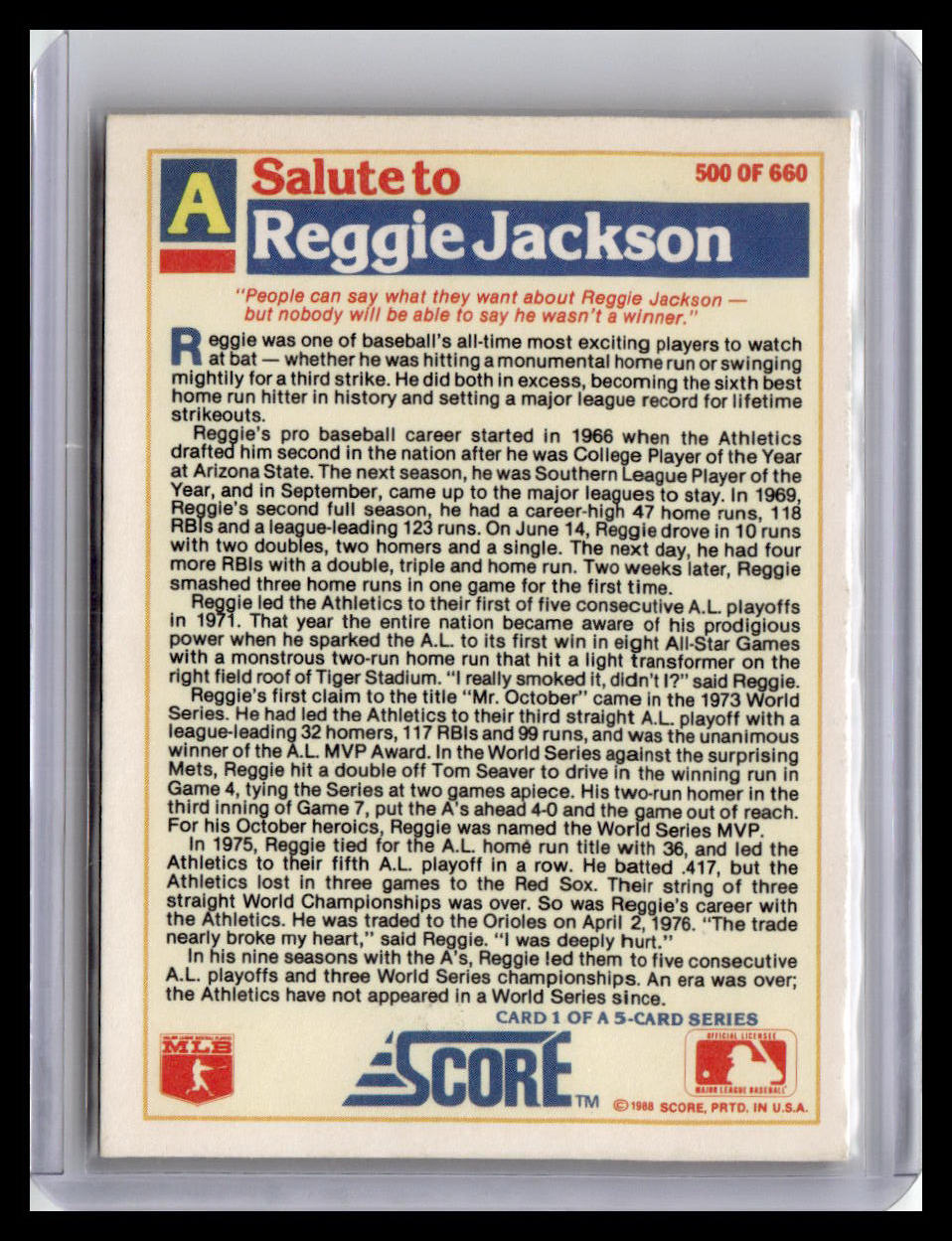 1988 Topps Salute To Reggie Jackson #500